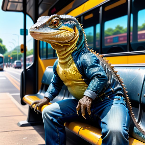 Drawing of a monitor lizard in a jeans on the bus stop