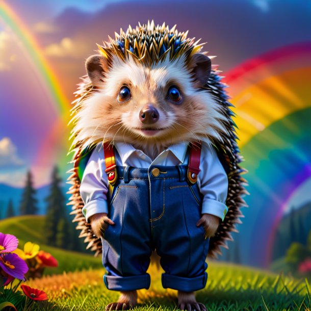 Image of a hedgehog in a trousers on the rainbow