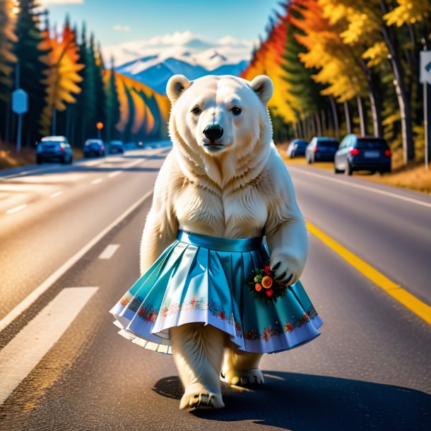 Picture of a polar bear in a skirt on the road