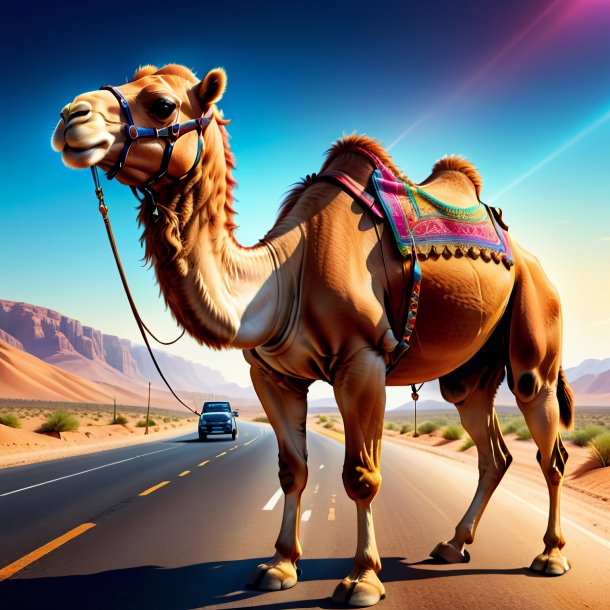 Illustration of a camel in a gloves on the road