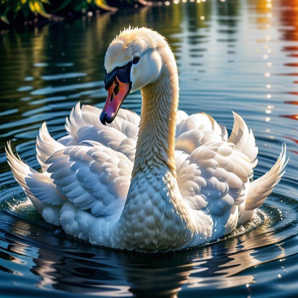 Foto de um cisne em um colete na água