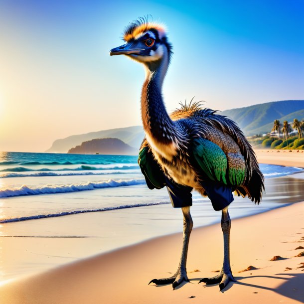 Photo of a emu in a trousers on the beach