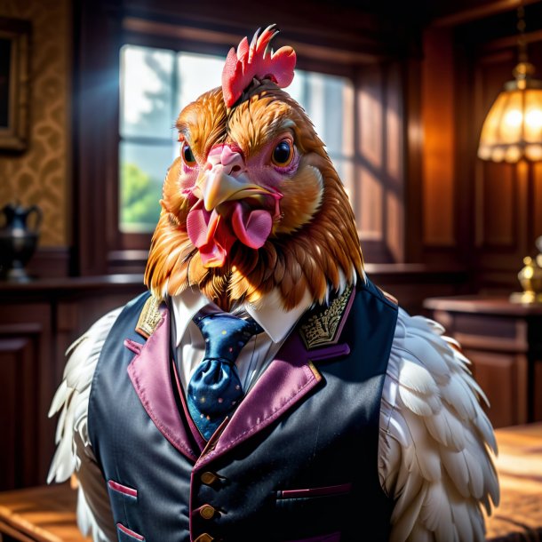 Photo of a hen in a vest in the house