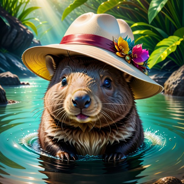 Drawing of a wombat in a hat in the water