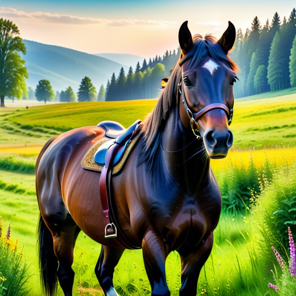 Photo of a horse in a belt in the meadow