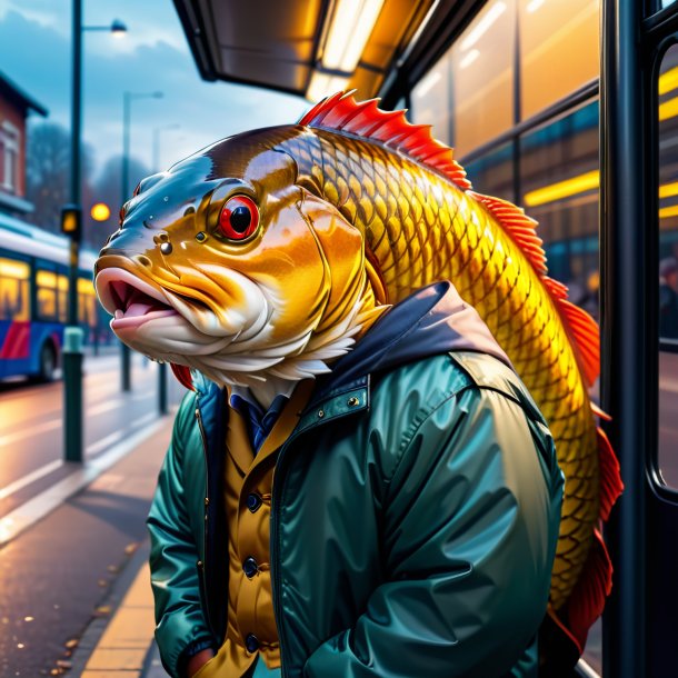 Foto de uma carpa em uma jaqueta no ponto de ônibus