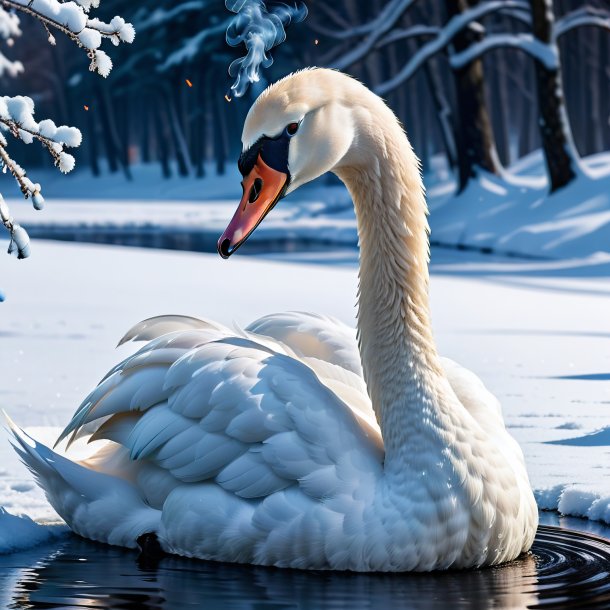 Imagen de un fumar de un cisne en la nieve