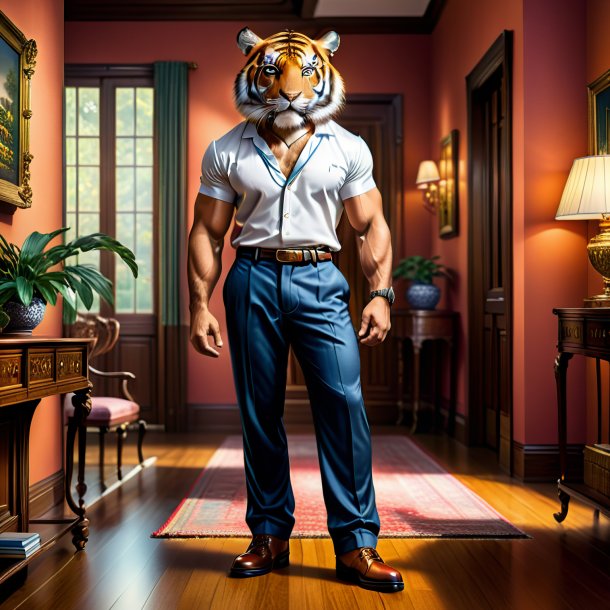 Illustration of a tiger in a trousers in the house