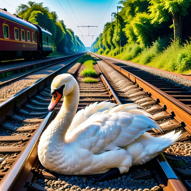 Image of a resting of a swan on the railway tracks