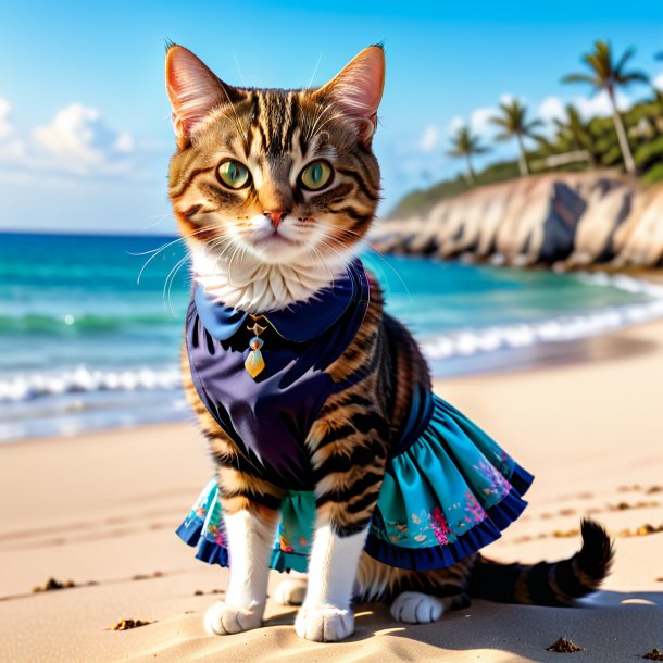 Foto de un gato en una falda en la playa