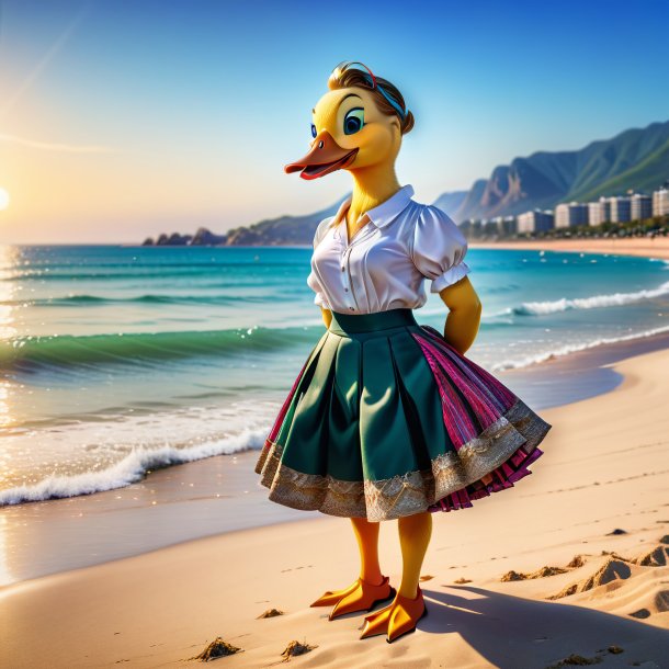 Picture of a duck in a skirt on the beach