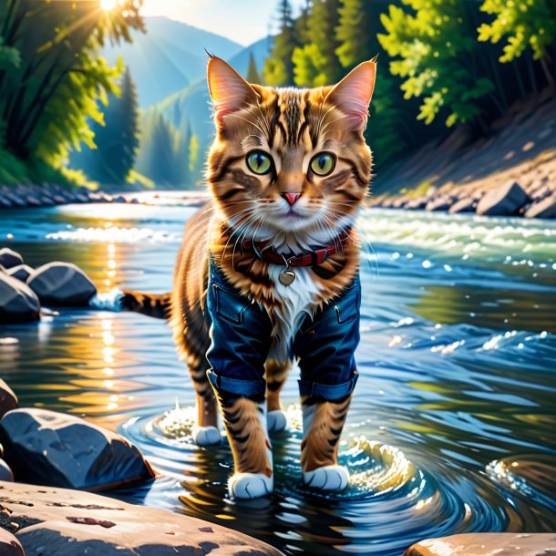 Picture of a cat in a jeans in the river