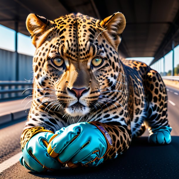 Photo of a leopard in a gloves on the highway