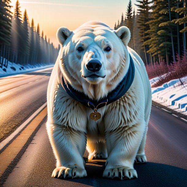 Image of a polar bear in a coat on the road