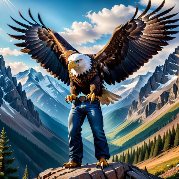 Image of a eagle in a jeans in the mountains