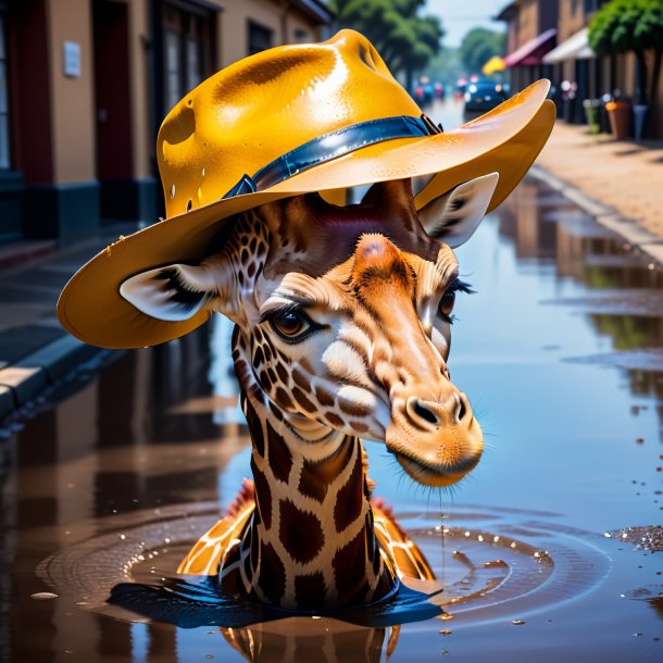 Photo of a giraffe in a hat in the puddle