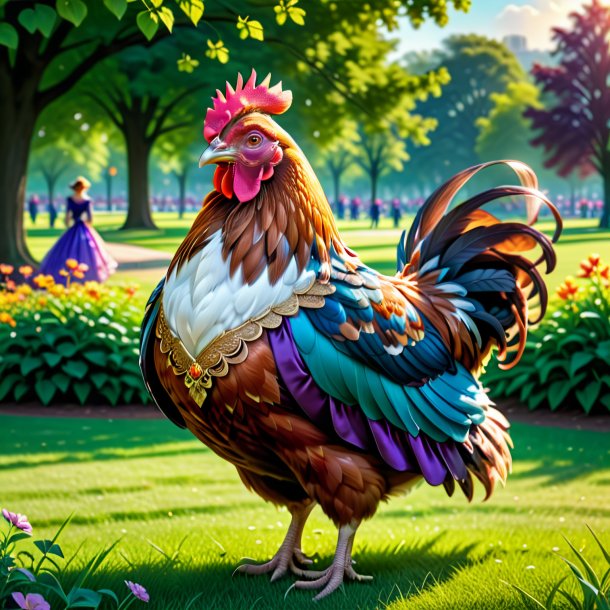 Ilustración de una gallina en un vestido en el parque