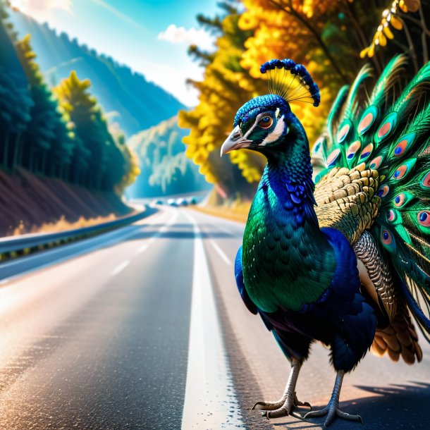 Foto de un pavo real en una gorra en la carretera