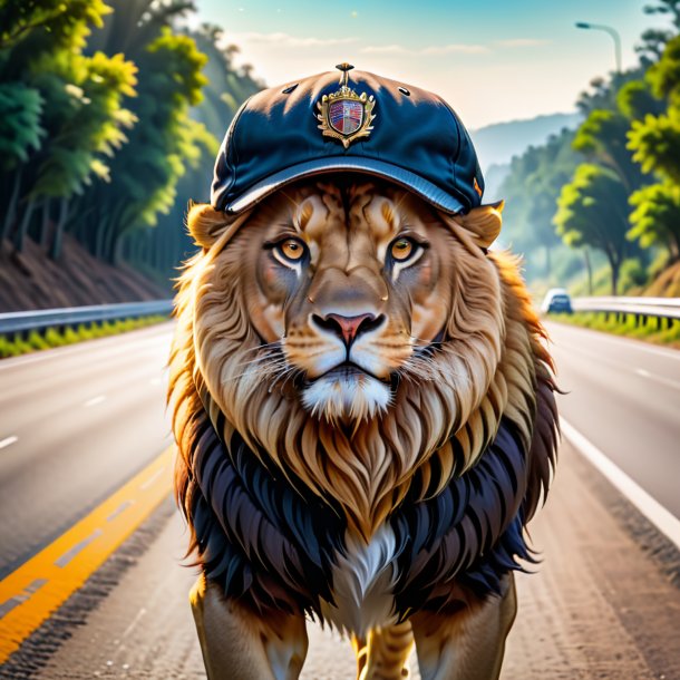 Picture of a lion in a cap on the highway