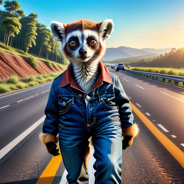 Illustration of a lemur in a jeans on the highway