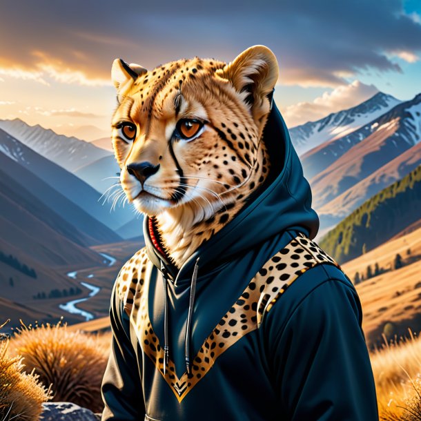 Picture of a cheetah in a hoodie in the mountains