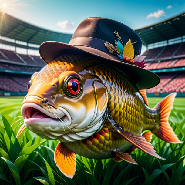 Photo of a carp in a hat on the field