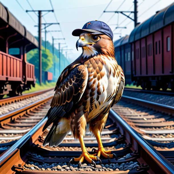 Drawing of a hawk in a cap on the railway tracks