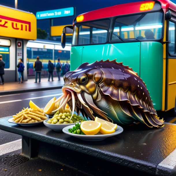 Image of a eating of a cuttlefish on the bus stop