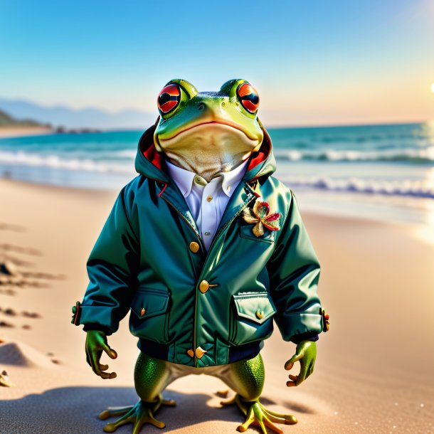 Retrato de um sapo em um casaco na praia