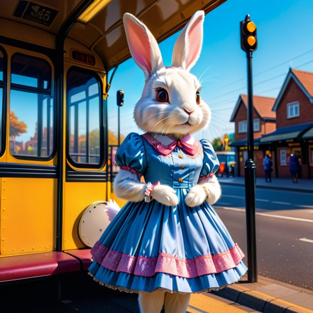 Picture of a rabbit in a dress on the bus stop