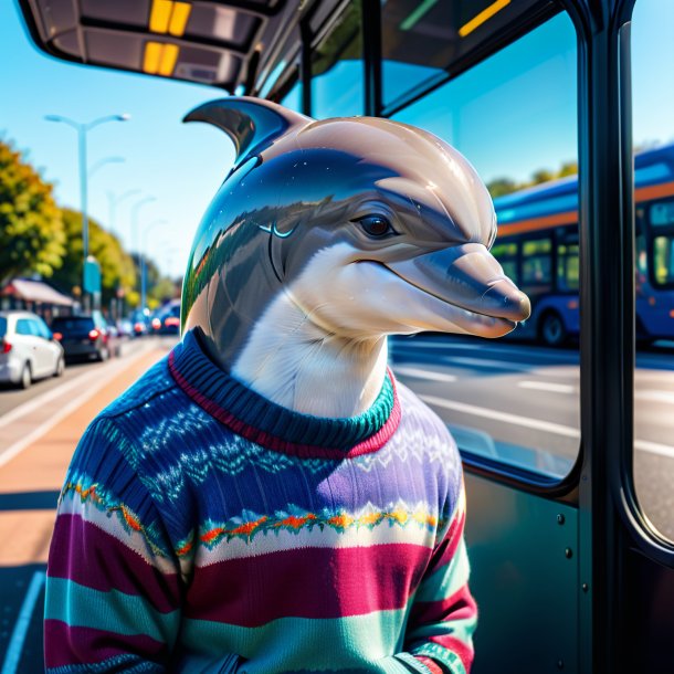 Image of a dolphin in a sweater on the bus stop