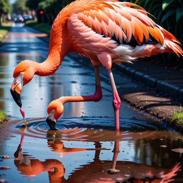 Pic of a flamingo in a coat in the puddle