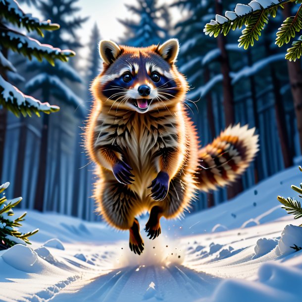 Picture of a jumping of a raccoon in the snow