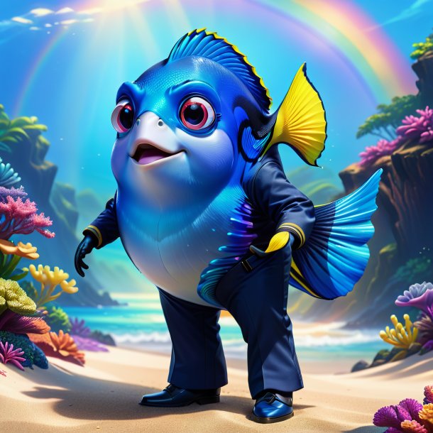 Illustration of a blue tang in a trousers on the rainbow