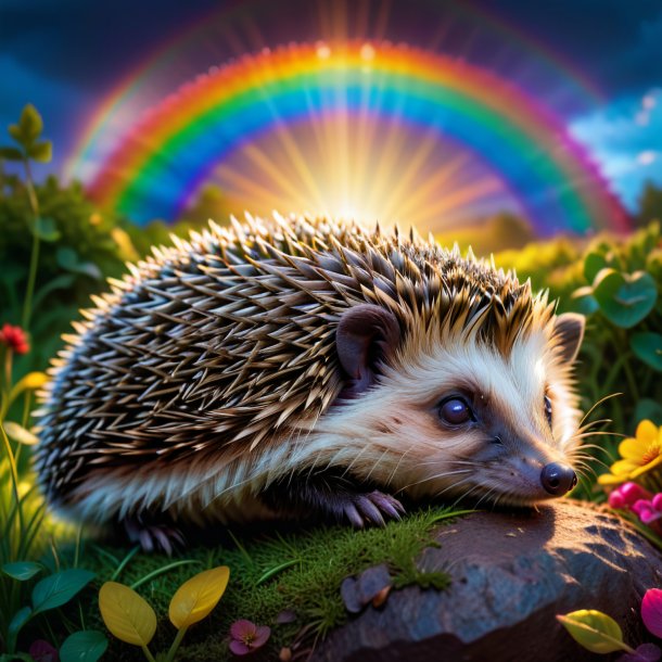 Image of a sleeping of a hedgehog on the rainbow