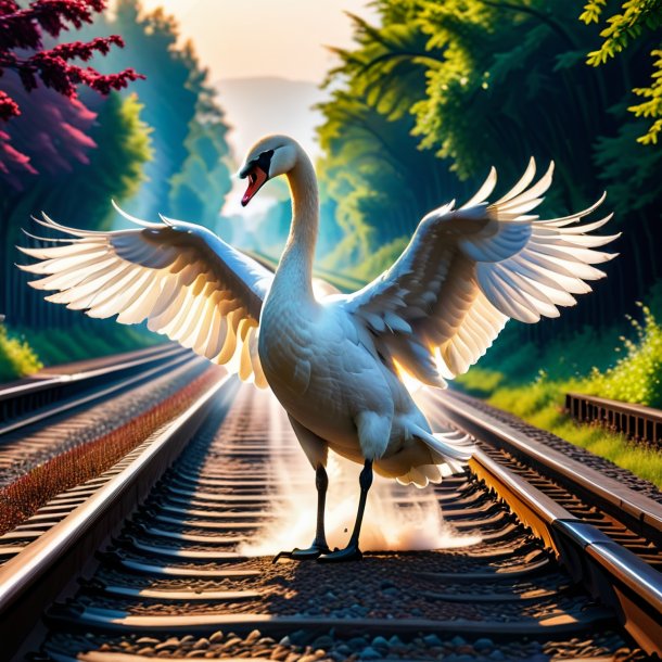 Image of a dancing of a swan on the railway tracks