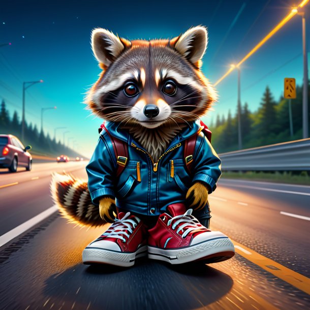 Illustration of a raccoon in a shoes on the highway