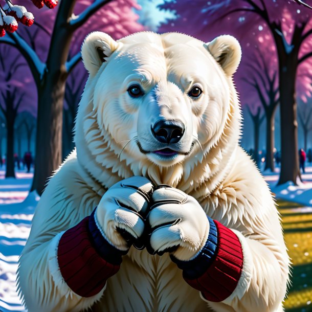 Imagen de un oso polar en guantes en el parque