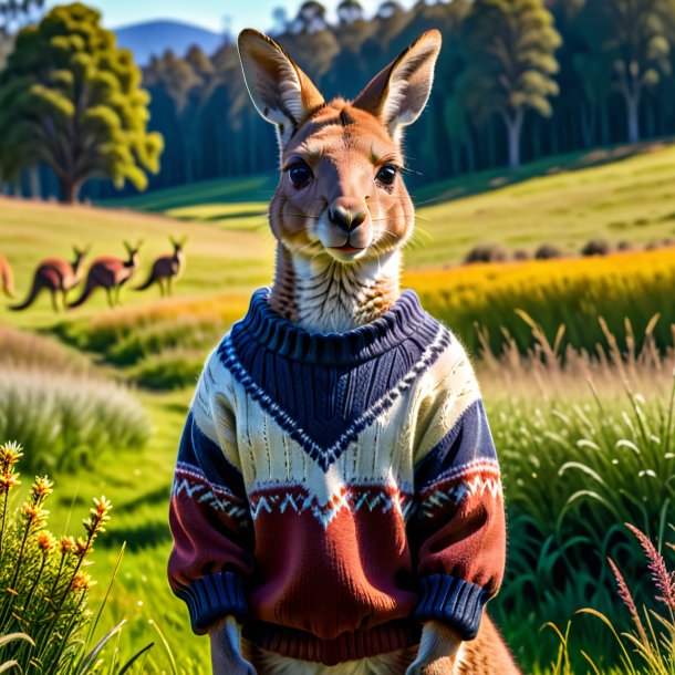 Foto de um canguru em um suéter no prado