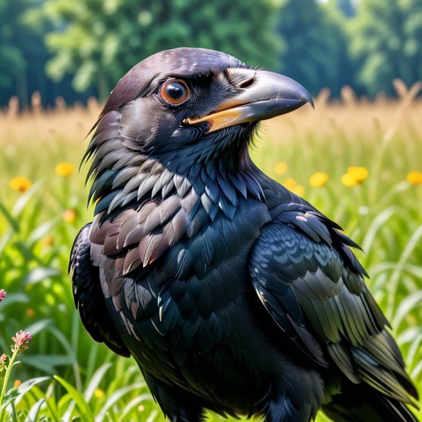 Foto de um sorriso de um corvo no prado