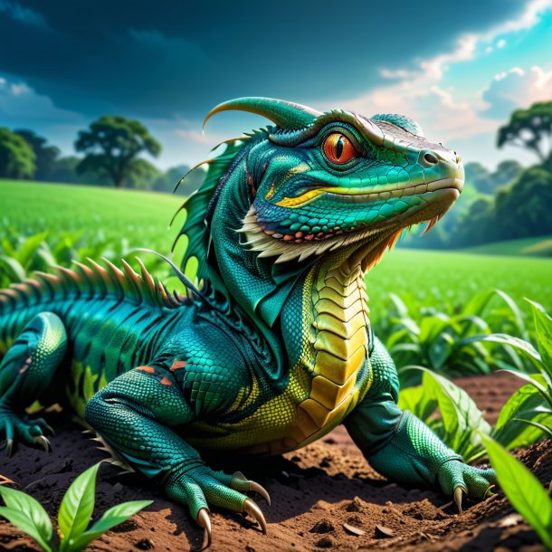 Picture of a resting of a basilisk on the field