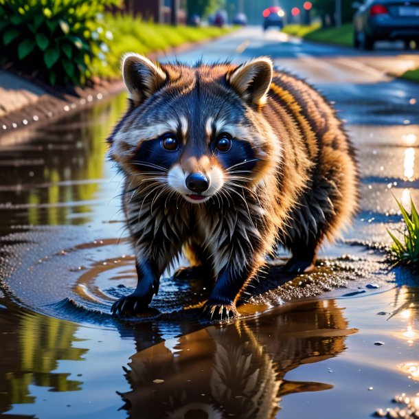 Pic of a playing of a raccoon in the puddle