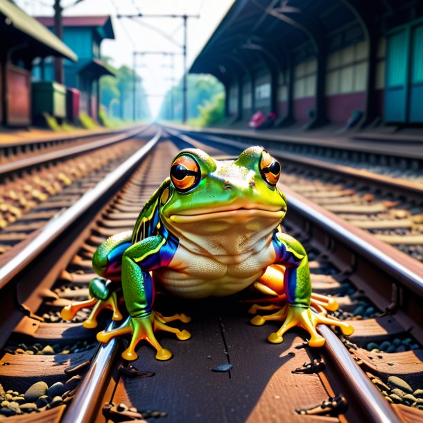 Image of a frog in a shoes on the railway tracks