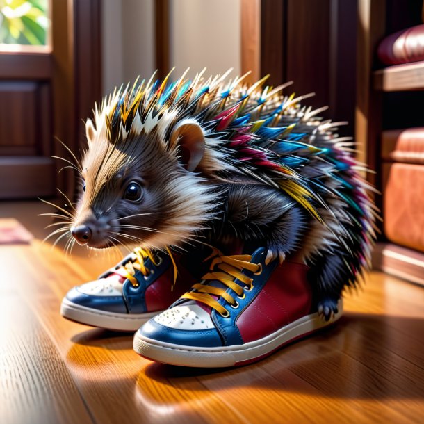 Foto de um porco-espinho em um sapatos na casa