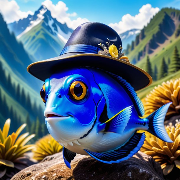 Photo of a blue tang in a hat in the mountains