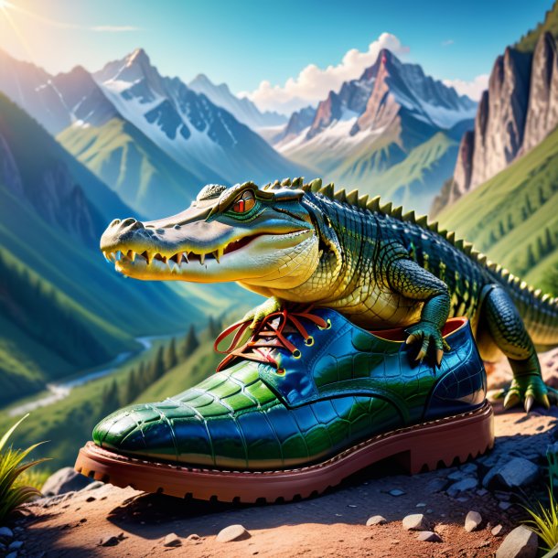 Photo of a crocodile in a shoes in the mountains