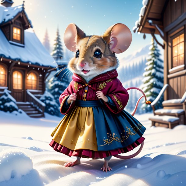 Illustration of a mouse in a skirt in the snow