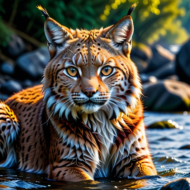 Foto de un lince en un cinturón en el río