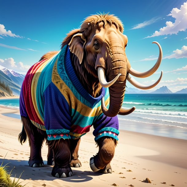 Drawing of a mammoth in a sweater on the beach