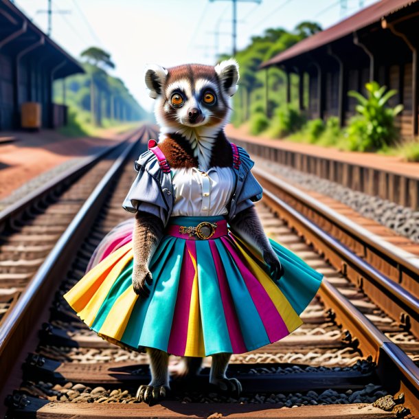 Photo of a lemur in a skirt on the railway tracks